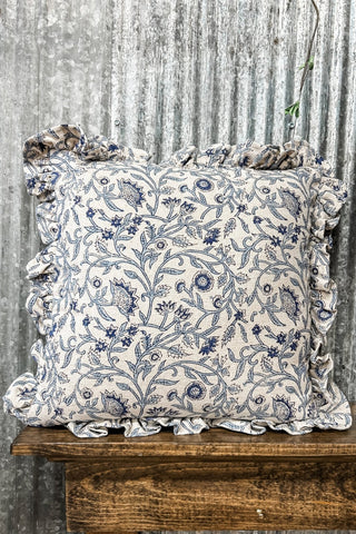 18" Square Cotton Blend Block Printed Pillow - Blue Floral - Allure Boutique WY