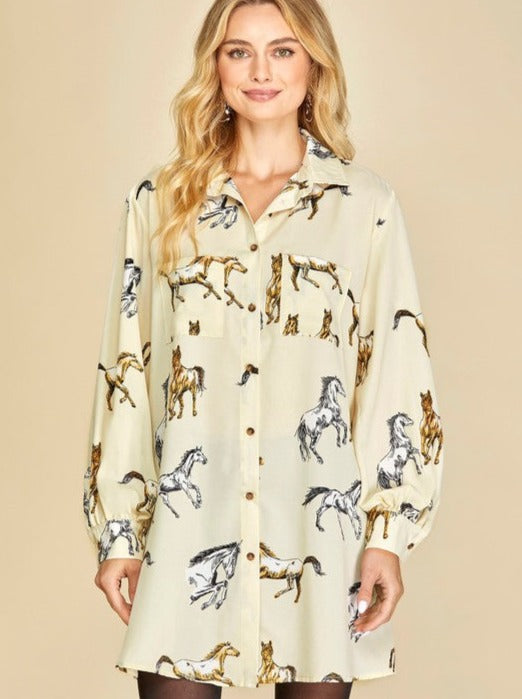 Cream Long Sleeve Horse Print Tunic Top