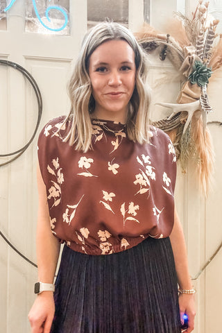 Floral Boatneck Shirred Satin Top