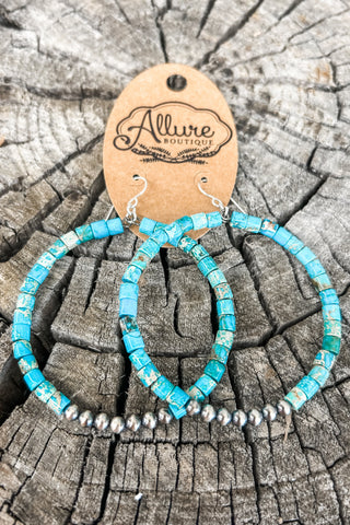 Turquoise Bead and Navajo Pearl Hoop Earrings
