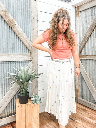 Embroidered Midi Skirt Natural