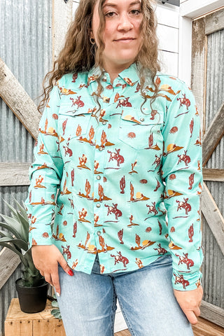 Long Sleeve Printed Retro Snap Shirt Turquoise