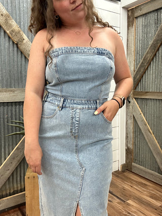 Detachable Strap Denim Maxi Dress
