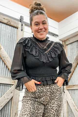 Black Long Sleeve Ruffle Blouse