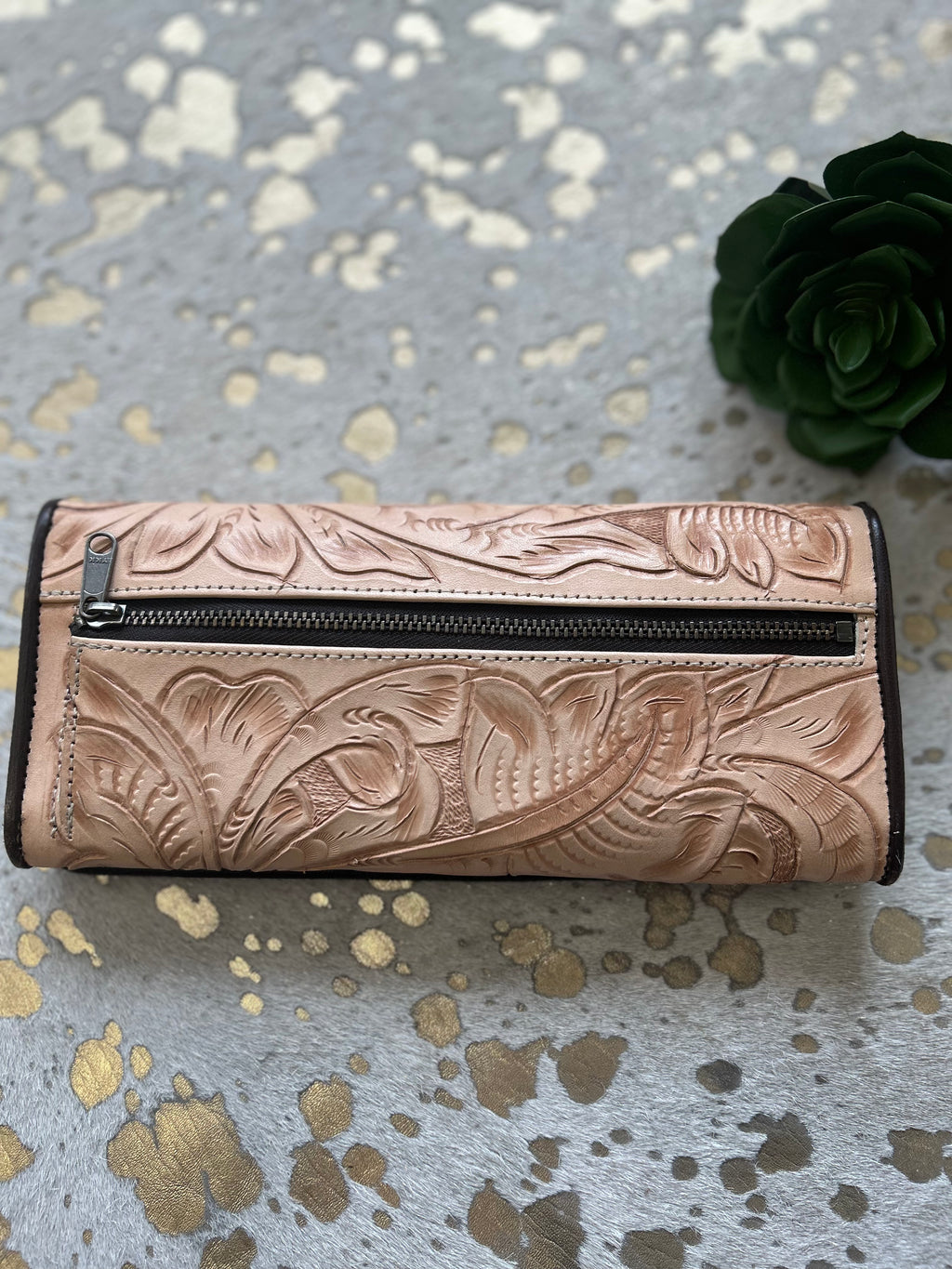 Natural Tooled Leather Wallet Organizer