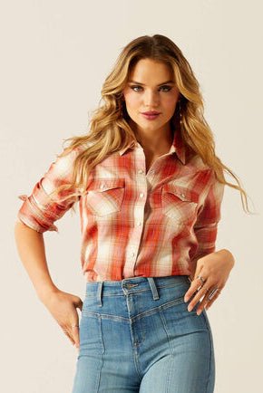 Amara Shirt Peach Plaid - Allure Boutique WY