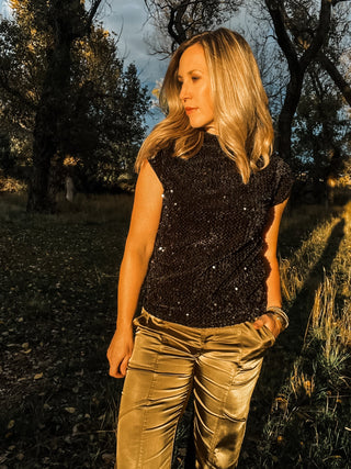 Black Funnel Neck Sequin Top - Allure Boutique WY