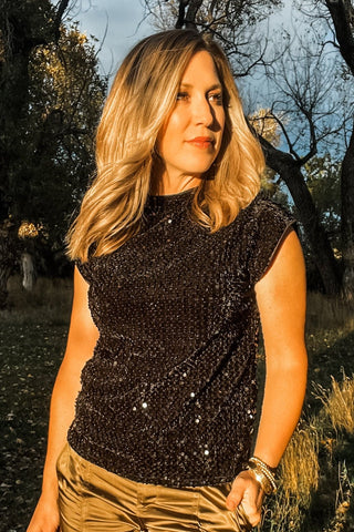Black Funnel Neck Sequin Top - Allure Boutique WY