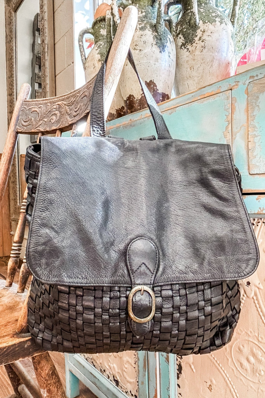 black leather woven backpack Black Leather Woven Envelope Backpack – Allure Boutique WY