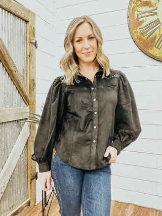 Black Microsuede Snap Shirt - Allure Boutique WY