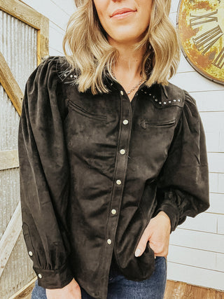 Black Microsuede Snap Shirt - Allure Boutique WY