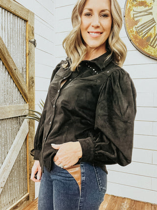 Black Microsuede Snap Shirt - Allure Boutique WY