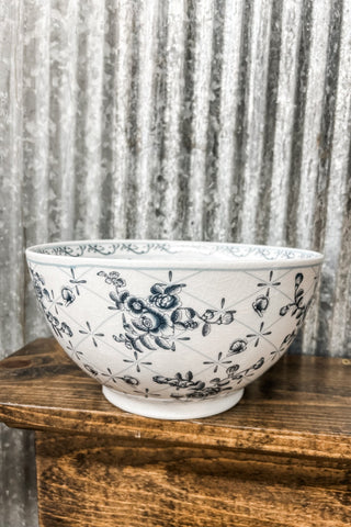 Blue Floral Porcelain Bowl with Crackle Glaze - 10" Round - Allure Boutique WY