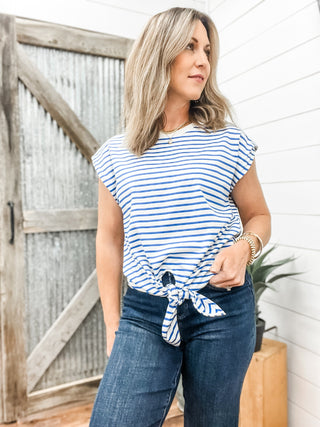 Blue & White Striped Tie Front Tee - Allure Boutique WY