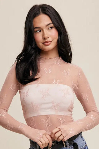 Blush Lace Mock Neck Layering Top - Allure Boutique WY