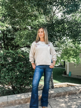 Crew Neck Front Slit Top with Embroidery - Allure Boutique WY