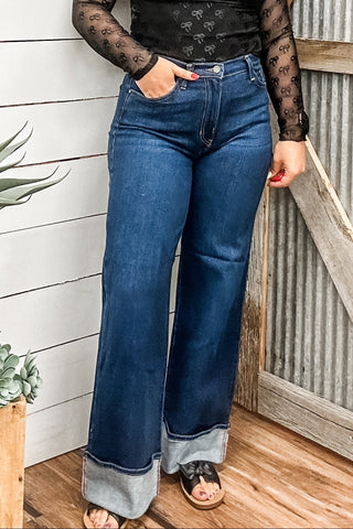 Dark Denim Cuffed Palazzo Jean - Allure Boutique WY