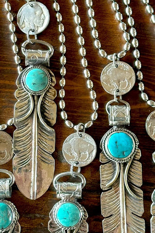 Feather Necklace Silver + Turquoise + Buffalo Nickel - Allure Boutique WY