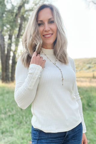 Long Sleeve Mock Neck Knit with Buttons Snow - Allure Boutique WY