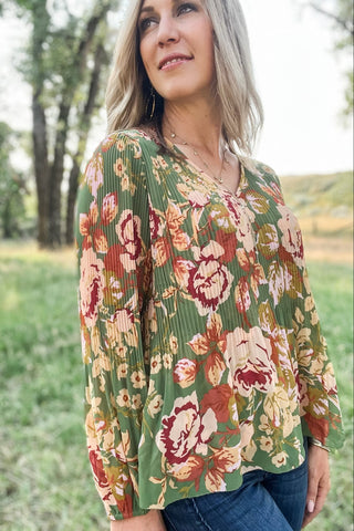 Long Sleeve V - Neck Pleated Top - Allure Boutique WY