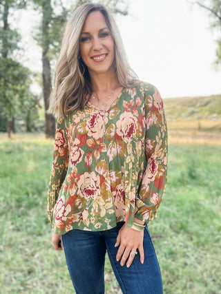 Long Sleeve V - Neck Pleated Top - Allure Boutique WY
