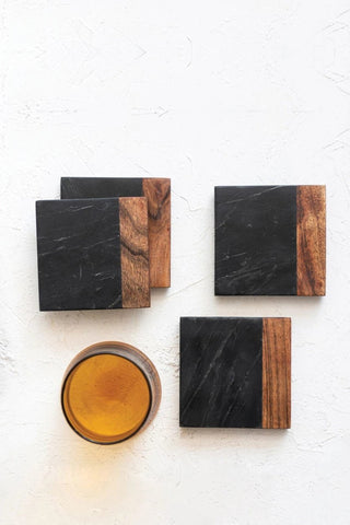 Marble & Acacia Wood Coasters - Black + Natural (Set of 4) - Allure Boutique WY