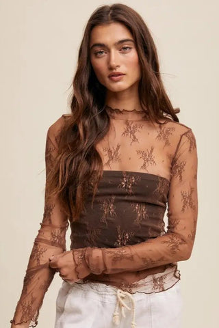 Mocha Lace Mock Neck Layering Top - Allure Boutique WY