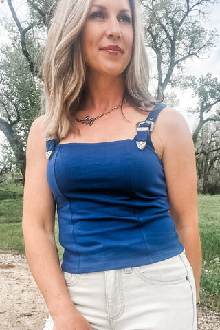 Square Neck Tank with Buckles Blue - Allure Boutique WY