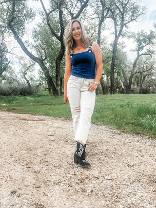 Square Neck Tank with Buckles Blue - Allure Boutique WY