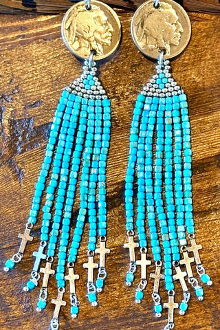 Turquoise Seed Bead Chandelier Earrings + Buffalo Nickel - Allure Boutique WY