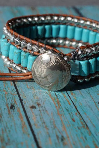 Turquoise, Sterling Silver + Leather Cuff Bracelet - Nickel Button Clasp - Allure Boutique WY