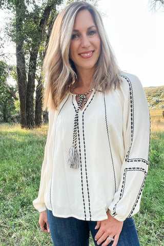 Woven Raglan Blouse with Embroidery - Allure Boutique WY