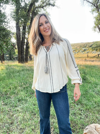 Woven Raglan Blouse with Embroidery - Allure Boutique WY