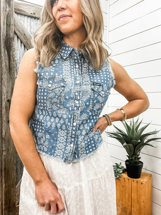 Wrangler Bandana Print Sleeveless Button Down Tank - Allure Boutique WY