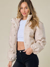 Cream Faux Leather Puffer Bomber Jacket