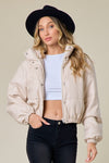 Cream Faux Leather Puffer Bomber Jacket