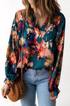 Purple Graffiti Printed V-Neck Puff Sleeve Blouse