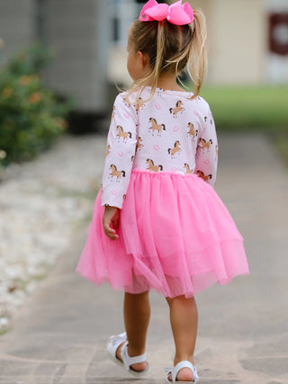 Horse Print Pink Tulle Long Sleeve Dress