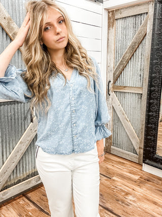 3/4 Sleeve Button Front Shirred Woven Top - Allure Boutique WY