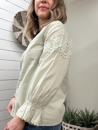 3/4 Sleeve Button Front Woven Top with Embroidery - Allure Boutique WY