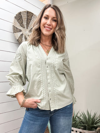 3/4 Sleeve Button Front Woven Top with Embroidery - Allure Boutique WY