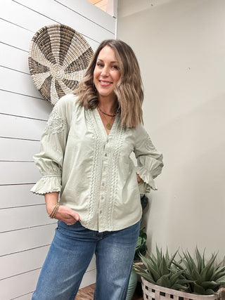 3/4 Sleeve Button Front Woven Top with Embroidery - Allure Boutique WY