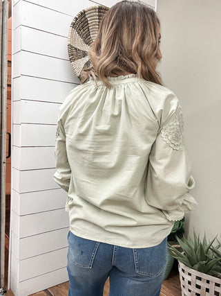3/4 Sleeve Button Front Woven Top with Embroidery - Allure Boutique WY