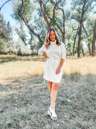 3/4 Sleeve Funnel Neck Dress with Drawcord - Allure Boutique WY