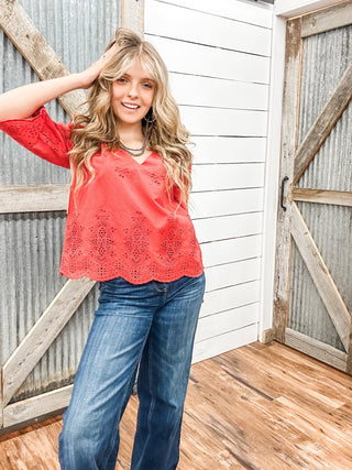 3/4 Sleeve V - Neck Eyelet Woven Top - Allure Boutique WY