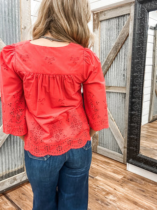 3/4 Sleeve V - Neck Eyelet Woven Top - Allure Boutique WY