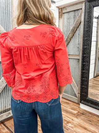 3/4 Sleeve V - Neck Eyelet Woven Top - Allure Boutique WY