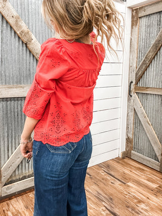 3/4 Sleeve V - Neck Eyelet Woven Top - Allure Boutique WY