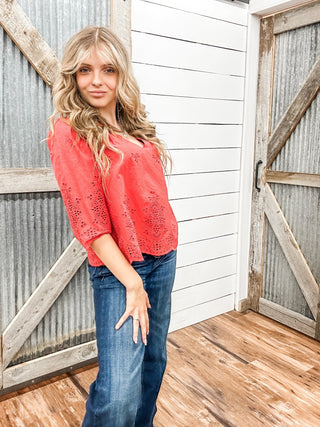 3/4 Sleeve V - Neck Eyelet Woven Top - Allure Boutique WY