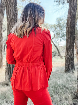 Puff Sleeve Trucker Jacket with Ruffle Collar